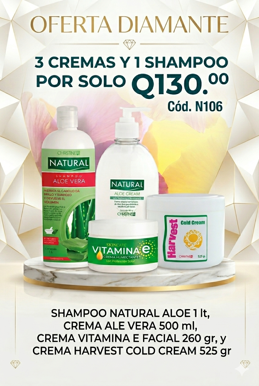 N106 Vitamina E Crema Facial Humectante 260 g. + Harvest Cold Cream 525 g. + Natural Crema Aloe 500 mL. + Natural Shampoo Aloe 1L.