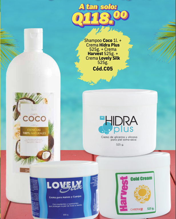 C05 COMBO ABRIL Shampoo Coco 1l. + Crema Hidra Plus 525g. + Crema Harvest 525g. + Crema Lovely Silk 525g.