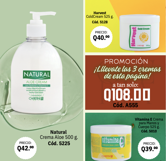 A555 CREMA ALOE VERA 500ML, CREMA HARVEST 525 Y CREMA VIT E CORPORAL 525