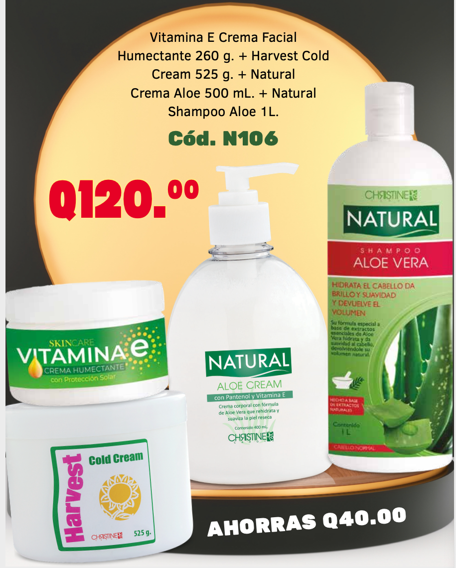 N106 COMBO Vitamina E Crema Facial Humectante 260 g. + Harvest Cold Cream 525 g. + Natural Crema Aloe 500 mL. + Natural Shampoo Aloe 1L.