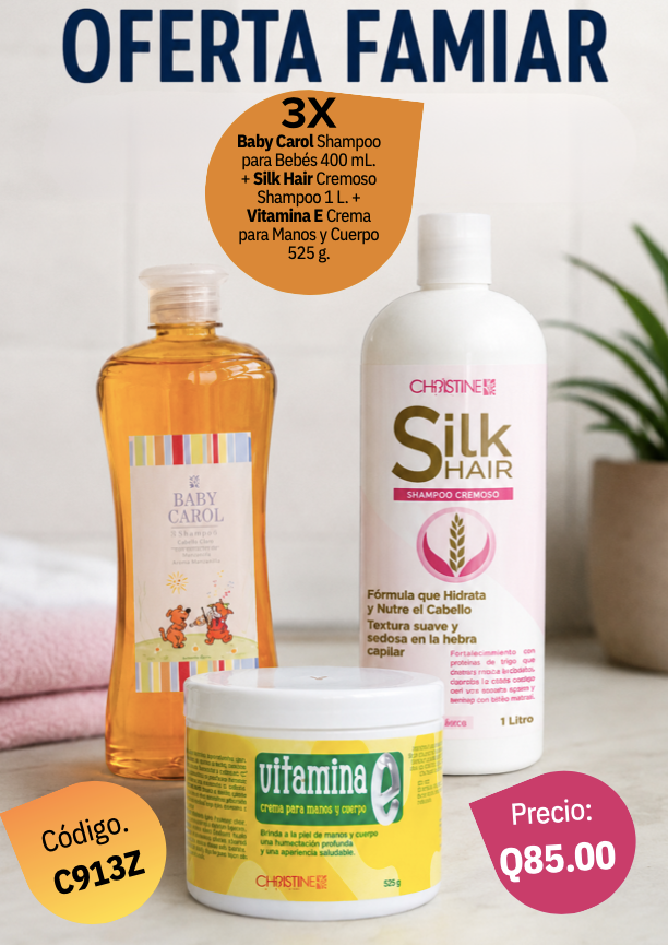 C913Z OFERTA FAMILIAR: Baby Carol Shampoo para Bebés 400 mL. + Silk Hair Cremoso Shampoo 1 L. + Vitamina E Crema para Manos y Cuerpo 525 g.