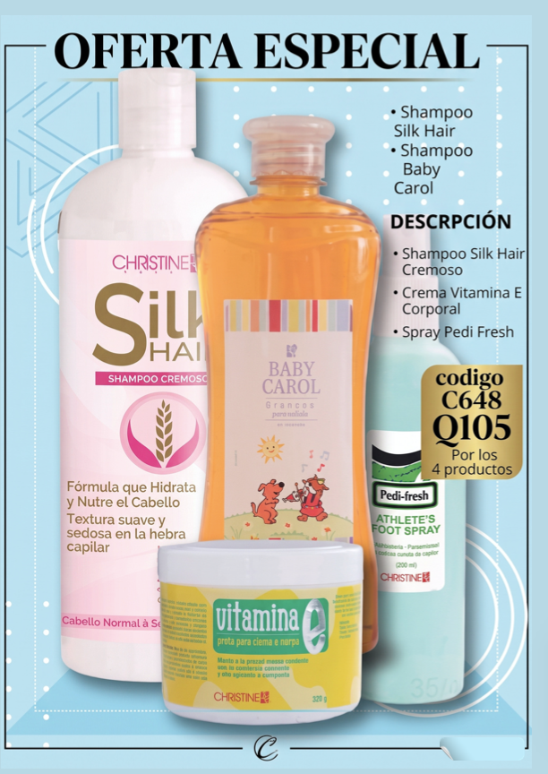 C648 COMBO FAMILIAR / SHAMPOO BEBY CAROL 400ML + SHAMPOO CREMOSO 1LT + CREMA VITAMINA E CORPORAL 525G +SPRAY PEDI FRESH 240ML