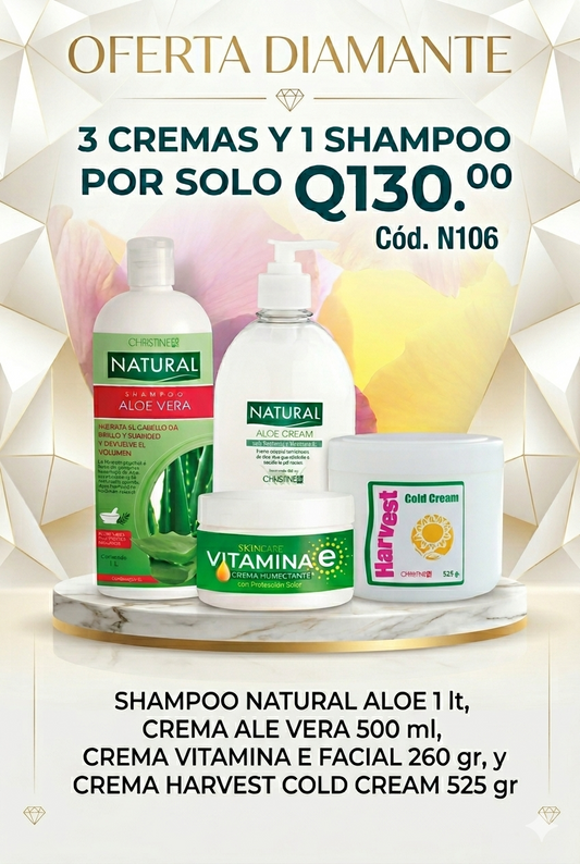 N106 Vitamina E Crema Facial Humectante 260 g. + Harvest Cold Cream 525 g. + Natural Crema Aloe 500 mL. + Natural Shampoo Aloe 1L.