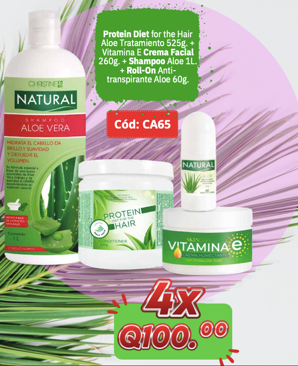 CA65 SUPER COMBO PROTEIN DIET ALOE, VITAMINA E FACIAL, SHAMPOO ALOE, ROLL ON ALOE