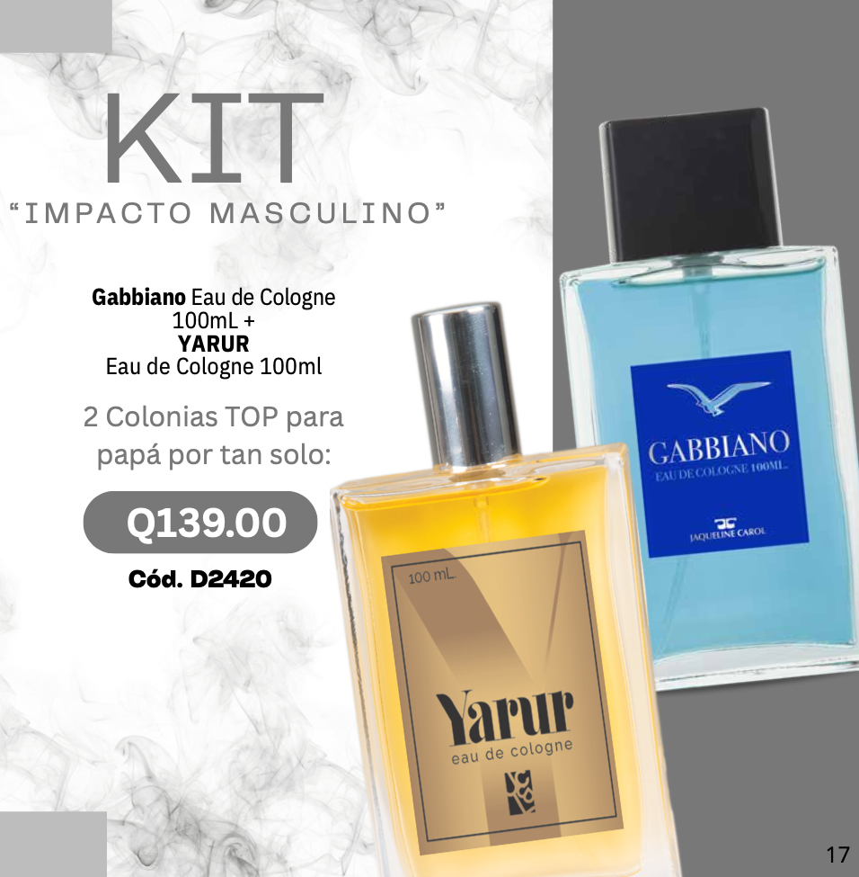 D2420 KIT-IMPACTO MASCULINO- YARUR EAU DE COLOGNE 100ML + GABBIANO EAU DE COLOGNE 100 ML