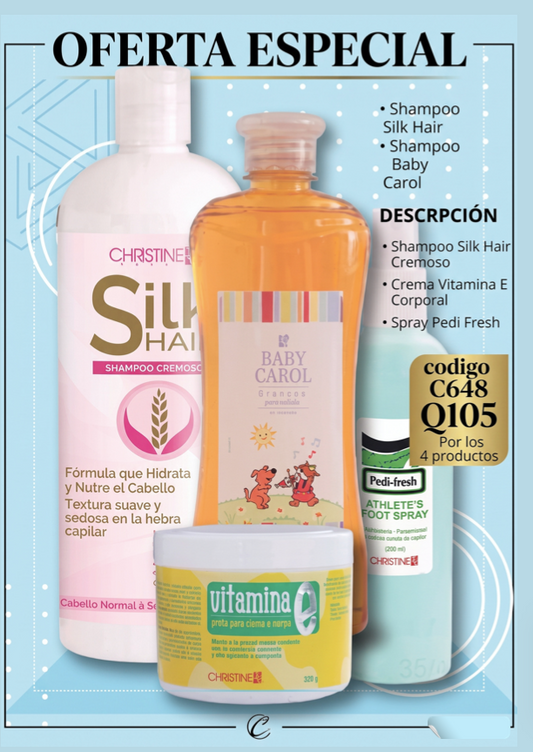 C648 COMBO FAMILIAR / SHAMPOO BEBY CAROL 400ML + SHAMPOO CREMOSO 1LT + CREMA VITAMINA E CORPORAL 525G +SPRAY PEDI FRESH 240ML