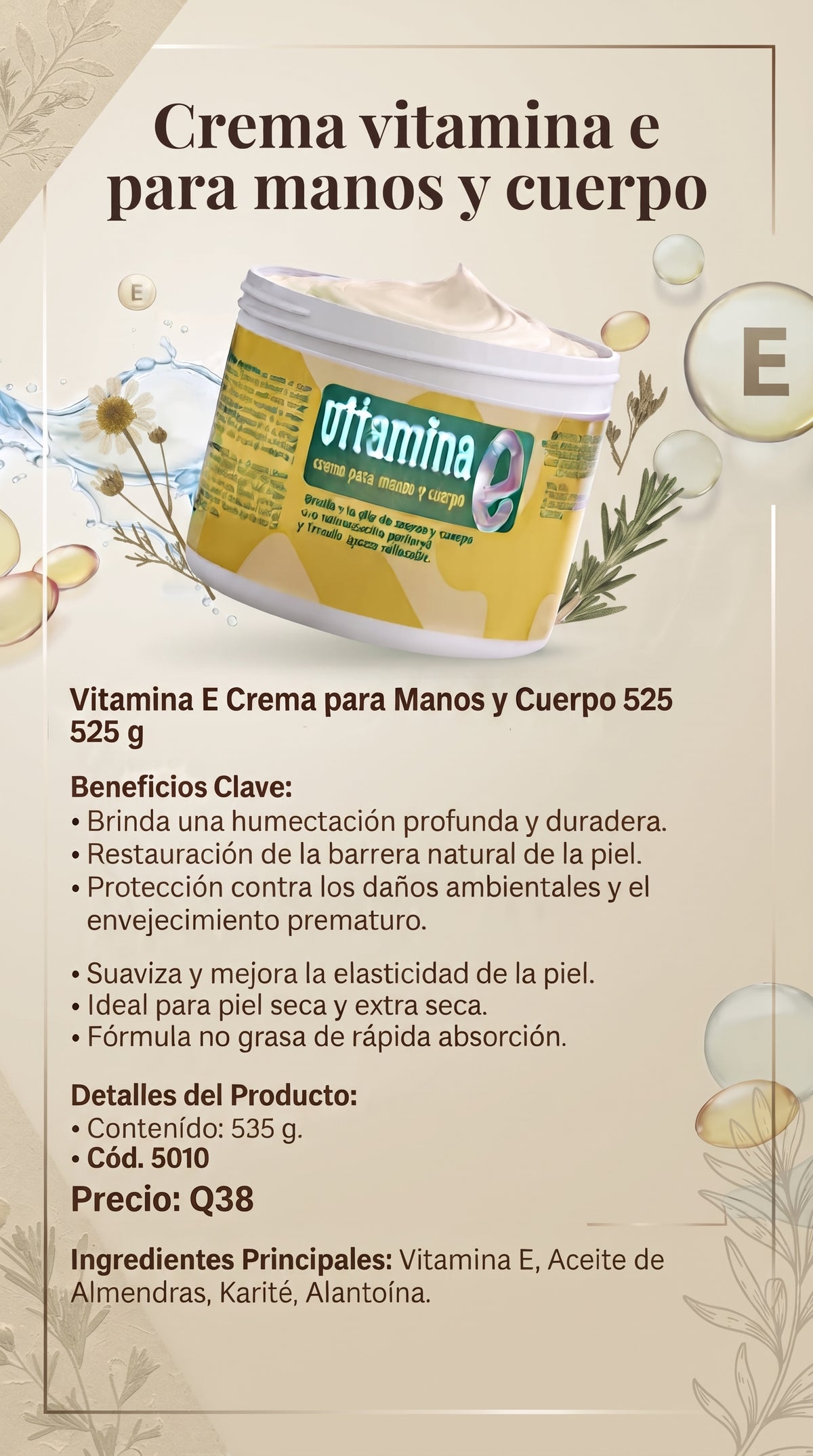 5010 Vitamina E Crema para Manos y Cuerpo 525 g.